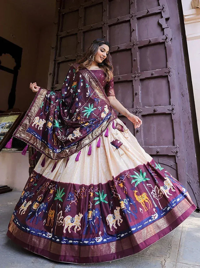 Elegant Indian lehenga choli with animal and palm print, perfect for festive occasions