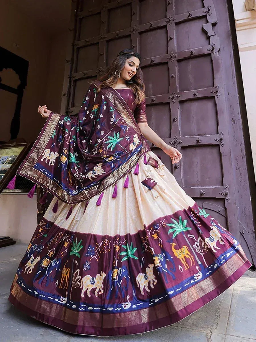 Elegant Indian lehenga choli with animal and palm print, perfect for festive occasions