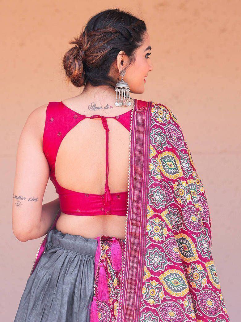 Pink backless blouse with grey skirt and printed dupatta, ethnic Indian wear
