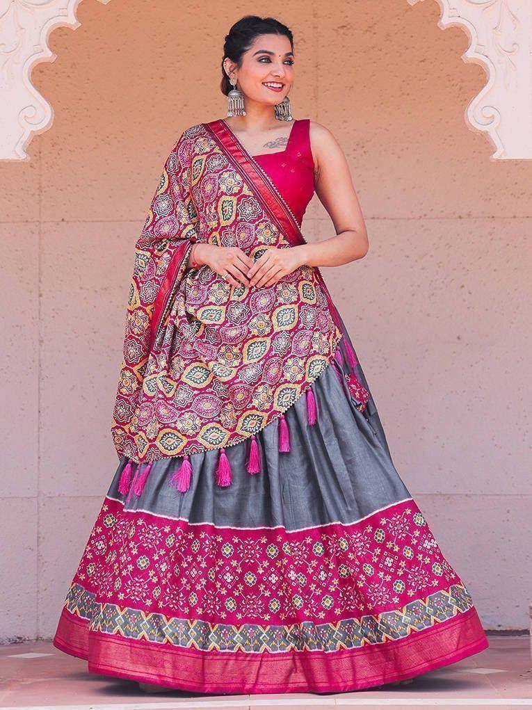 Pink and grey printed lehenga choli with tassels, ethnic Indian wear for women