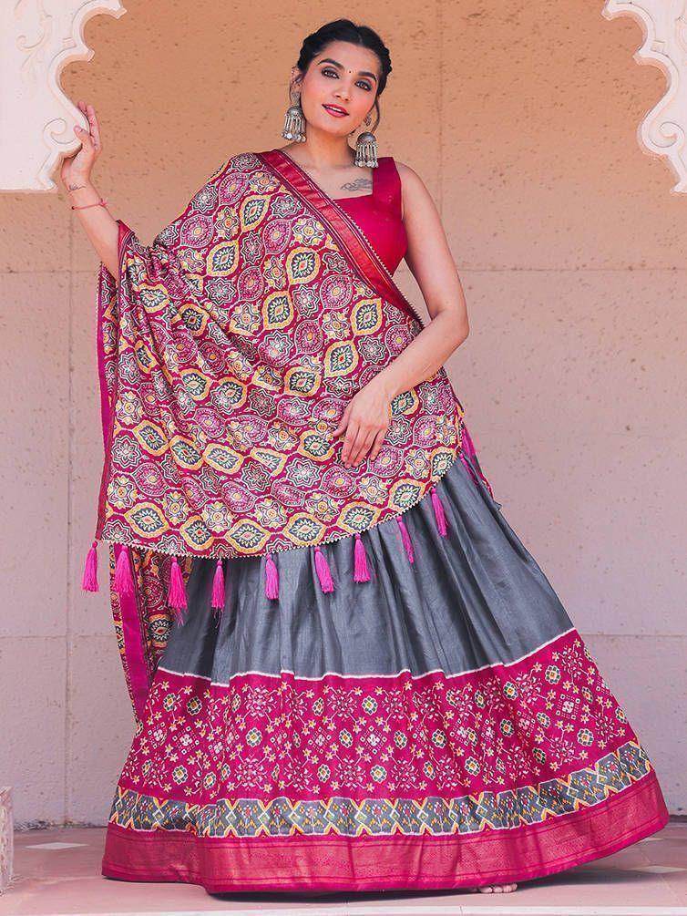 Alluring Grey Patola Printed Silk Festival Wear Lehenga Choli