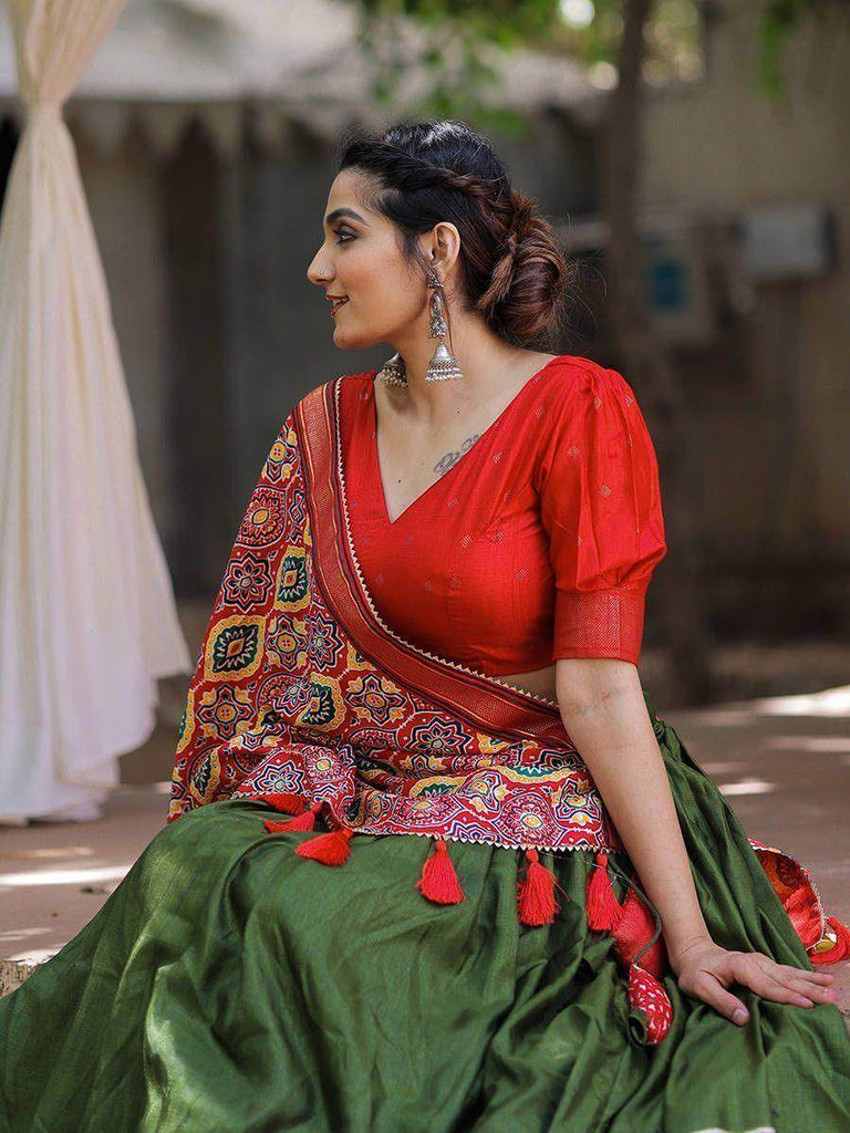 Attractive Green Red Patola Printed Silk Festival Wear Lehenga Choli