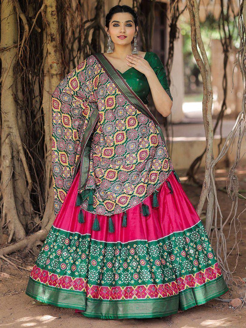 Green and pink printed lehenga choli with floral dupatta, ethnic Indian wear for women