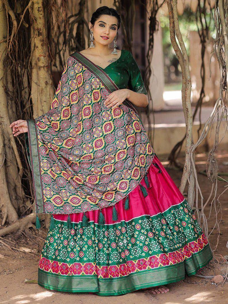 Green and pink printed lehenga choli with floral dupatta, ethnic Indian wear for women