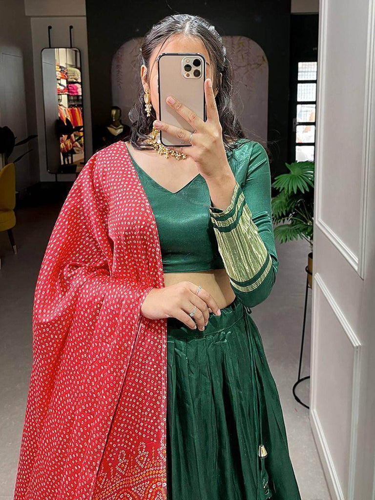 Astonishing Green Gaji Silk Lehenga Choli With Bandhani Dupatta