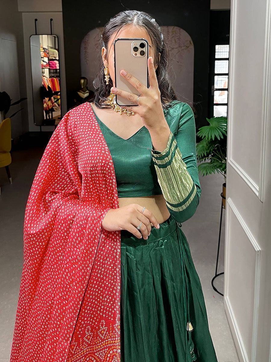 Astonishing Green Gaji Silk Lehenga Choli With Bandhani Dupatta