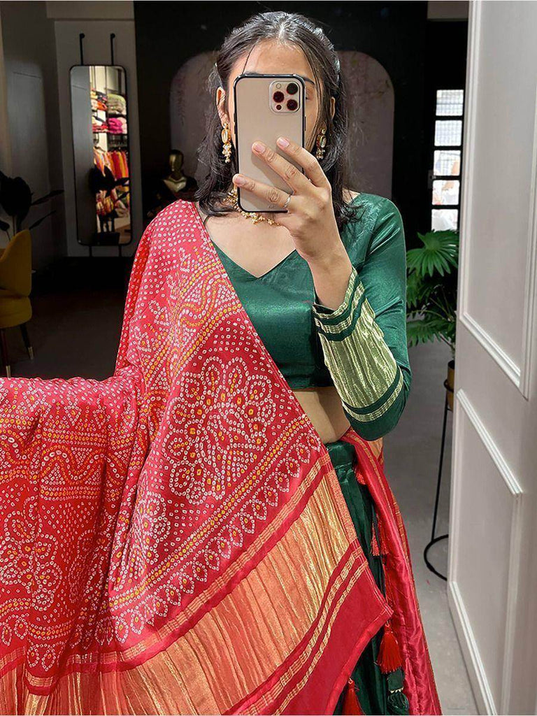 Astonishing Green Gaji Silk Lehenga Choli With Bandhani Dupatta