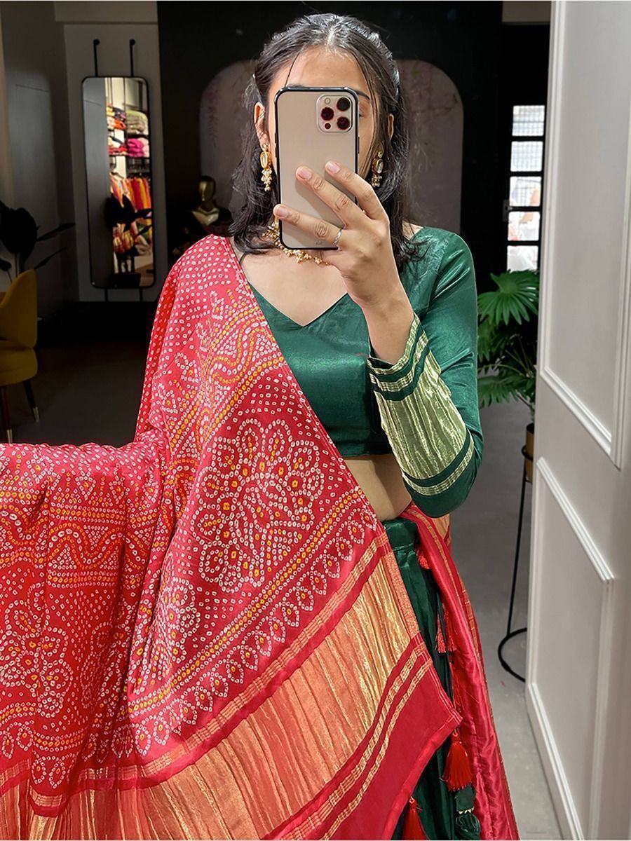 Astonishing Green Gaji Silk Lehenga Choli With Bandhani Dupatta