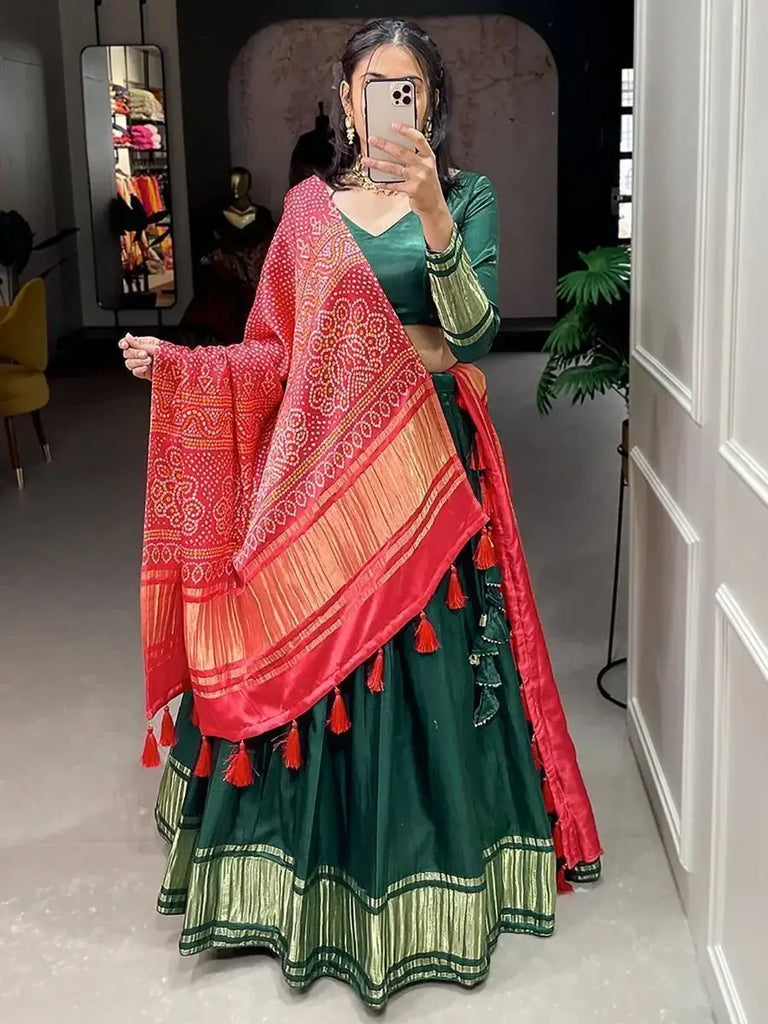 Astonishing Green Gaji Silk Lehenga Choli With Bandhani Dupatta