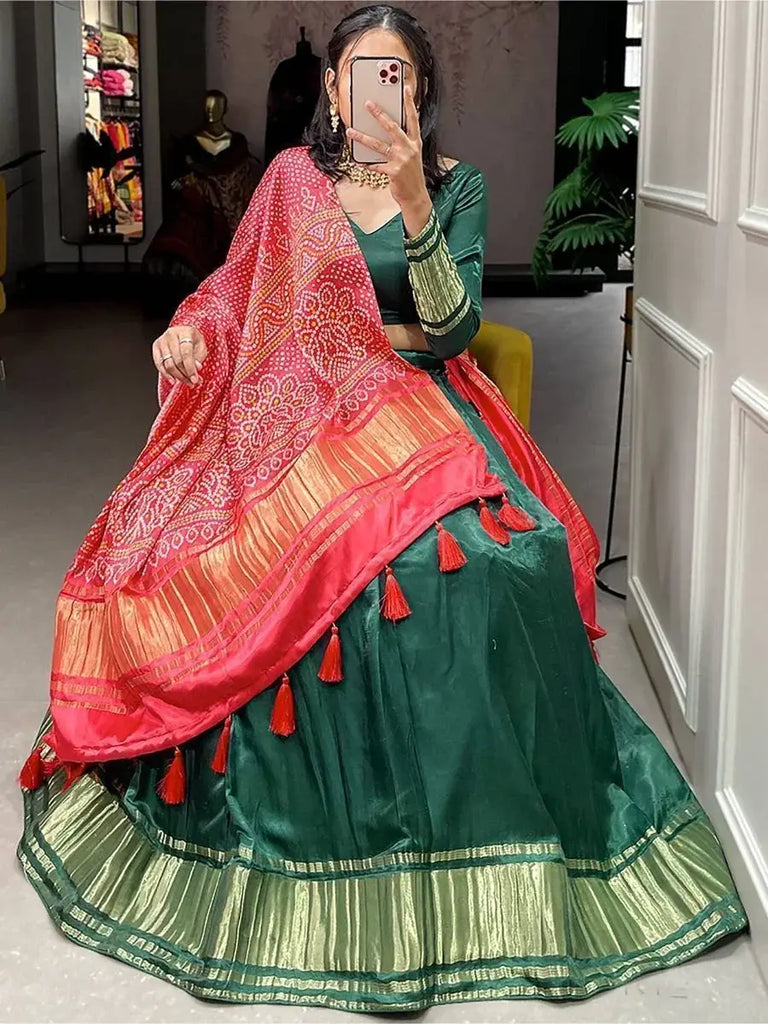 Astonishing Green Gaji Silk Lehenga Choli With Bandhani Dupatta