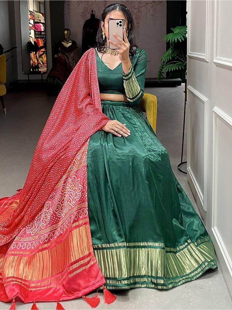 Astonishing Green Gaji Silk Lehenga Choli With Bandhani Dupatta