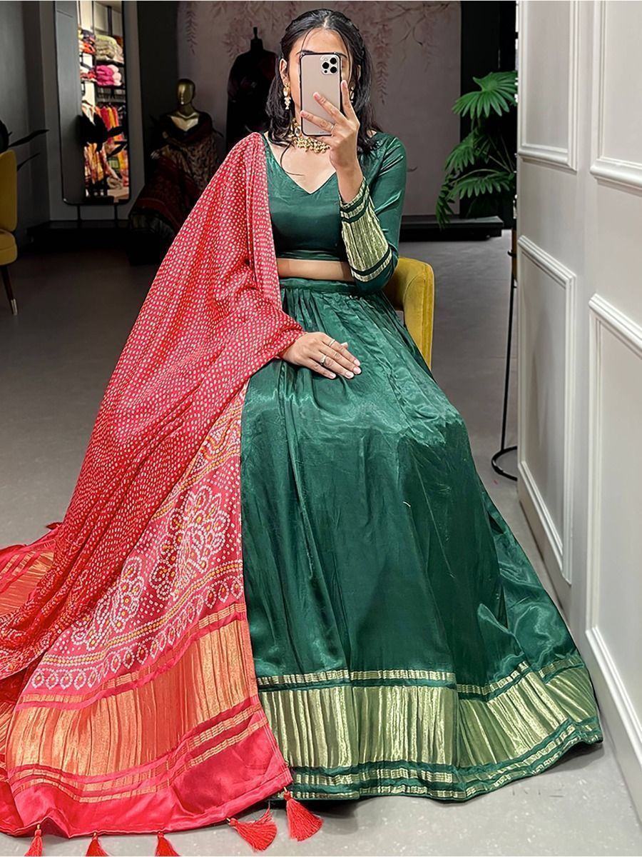 Astonishing Green Gaji Silk Lehenga Choli With Bandhani Dupatta