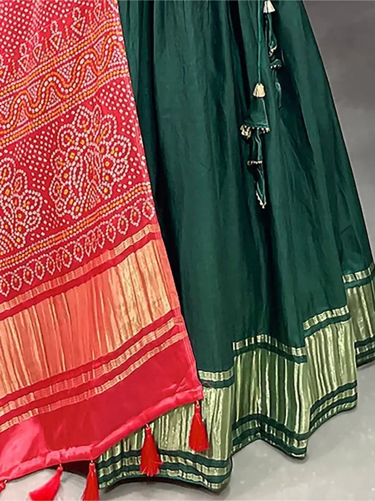 Astonishing Green Gaji Silk Lehenga Choli With Bandhani Dupatta