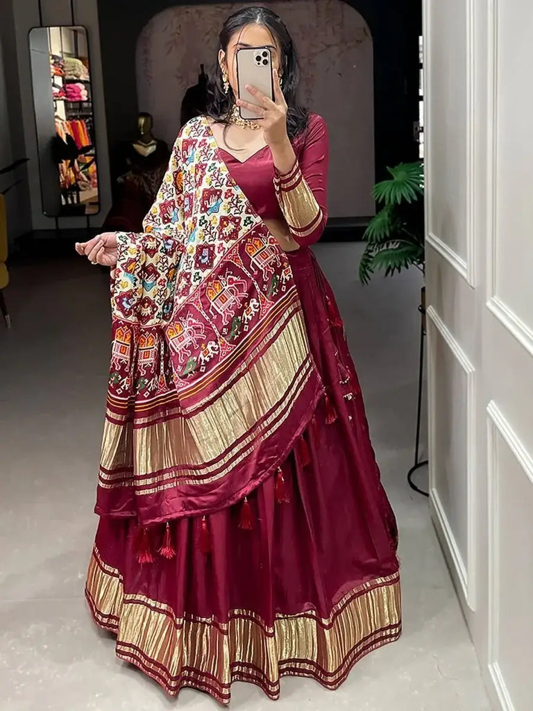 Spectacular Maroon Gaji Silk Lehenga Choli With Printed Dupatta