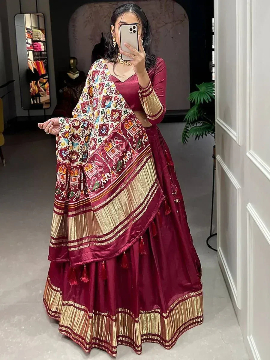 Maroon designer lehenga choli with embroidered dupatta, ethnic Indian wear for women
