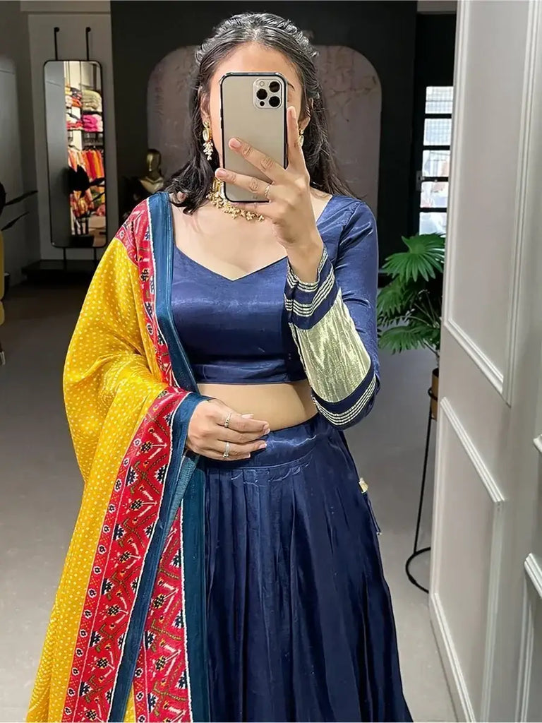 Phenomenal Navy Blue Gaji Silk Lehenga Choli With Bandhani Dupatta