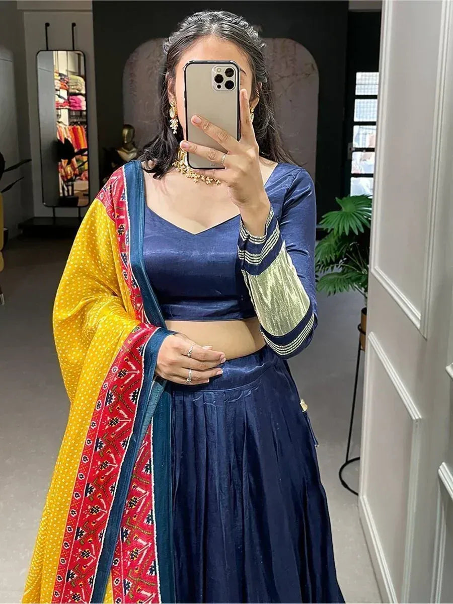 Navy blue lehenga choli with yellow red dupatta, ethnic Indian wear for women