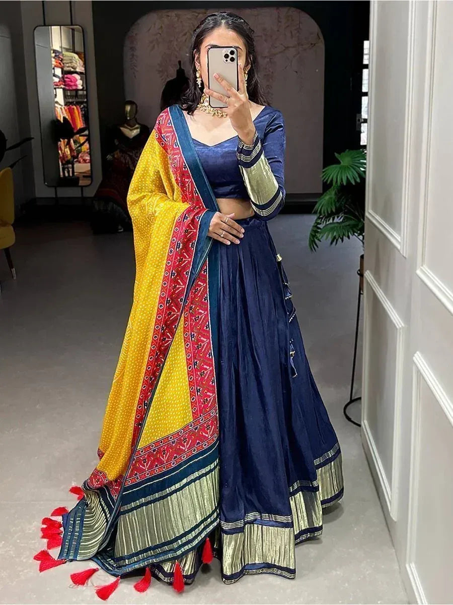 Navy blue lehenga choli with yellow and red dupatta, ethnic Indian wear for women