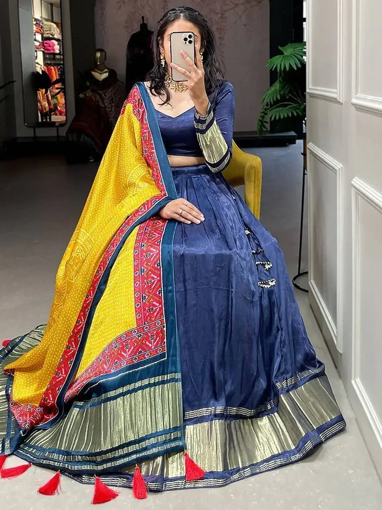 Phenomenal Navy Blue Gaji Silk Lehenga Choli With Bandhani Dupatta