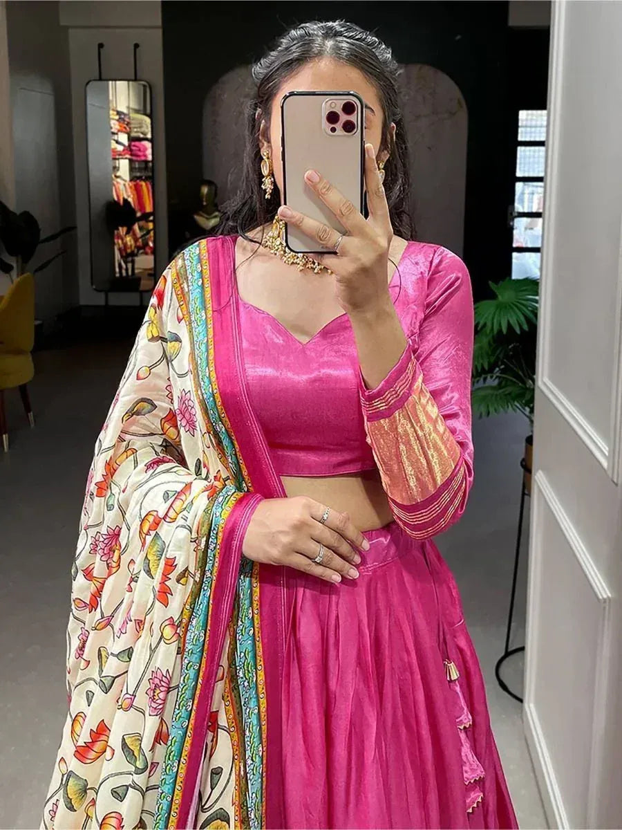 Pink designer lehenga choli with floral dupatta, ethnic Indian wear for women