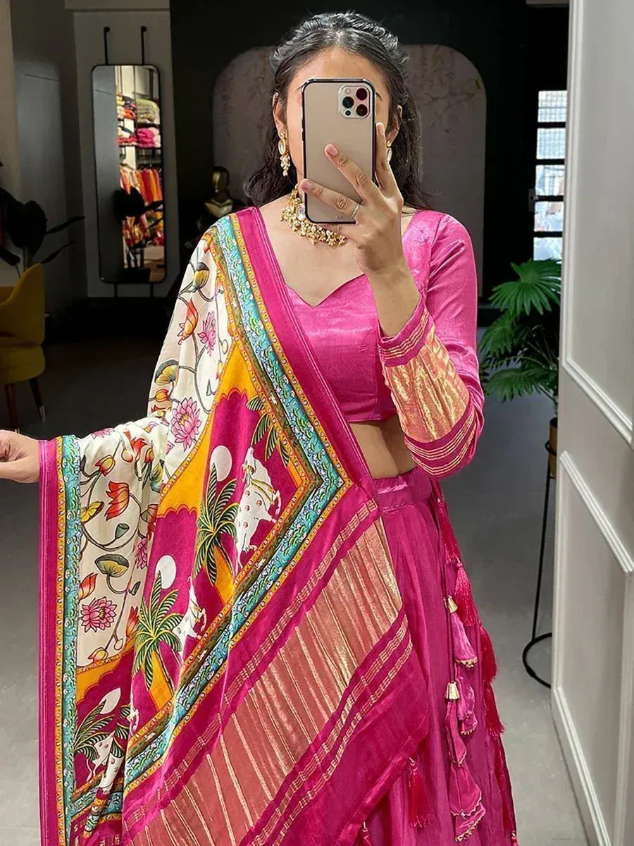 Pink designer lehenga choli with floral dupatta, ethnic Indian wear for women
