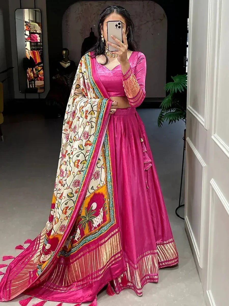 Pink designer lehenga choli with floral dupatta, ethnic wear for women