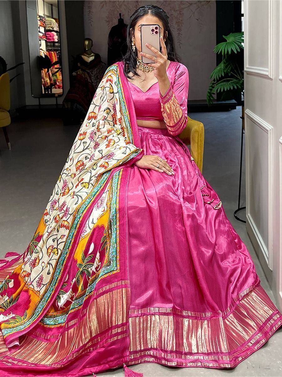 Pink designer lehenga choli with floral dupatta, ethnic wear for women