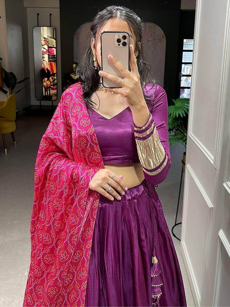 Prodigious Purple Gaji Silk Lehenga Choli With Bandhani Dupatta