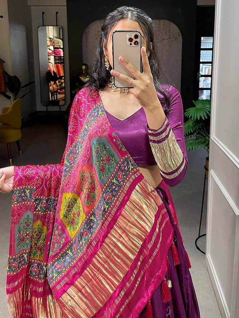 Prodigious Purple Gaji Silk Lehenga Choli With Bandhani Dupatta