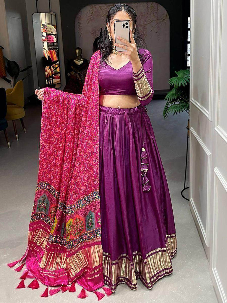 Prodigious Purple Gaji Silk Lehenga Choli With Bandhani Dupatta