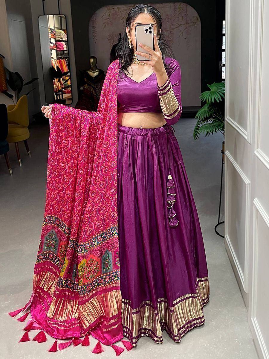 Purple lehenga choli with pink printed dupatta, ethnic Indian wear for women