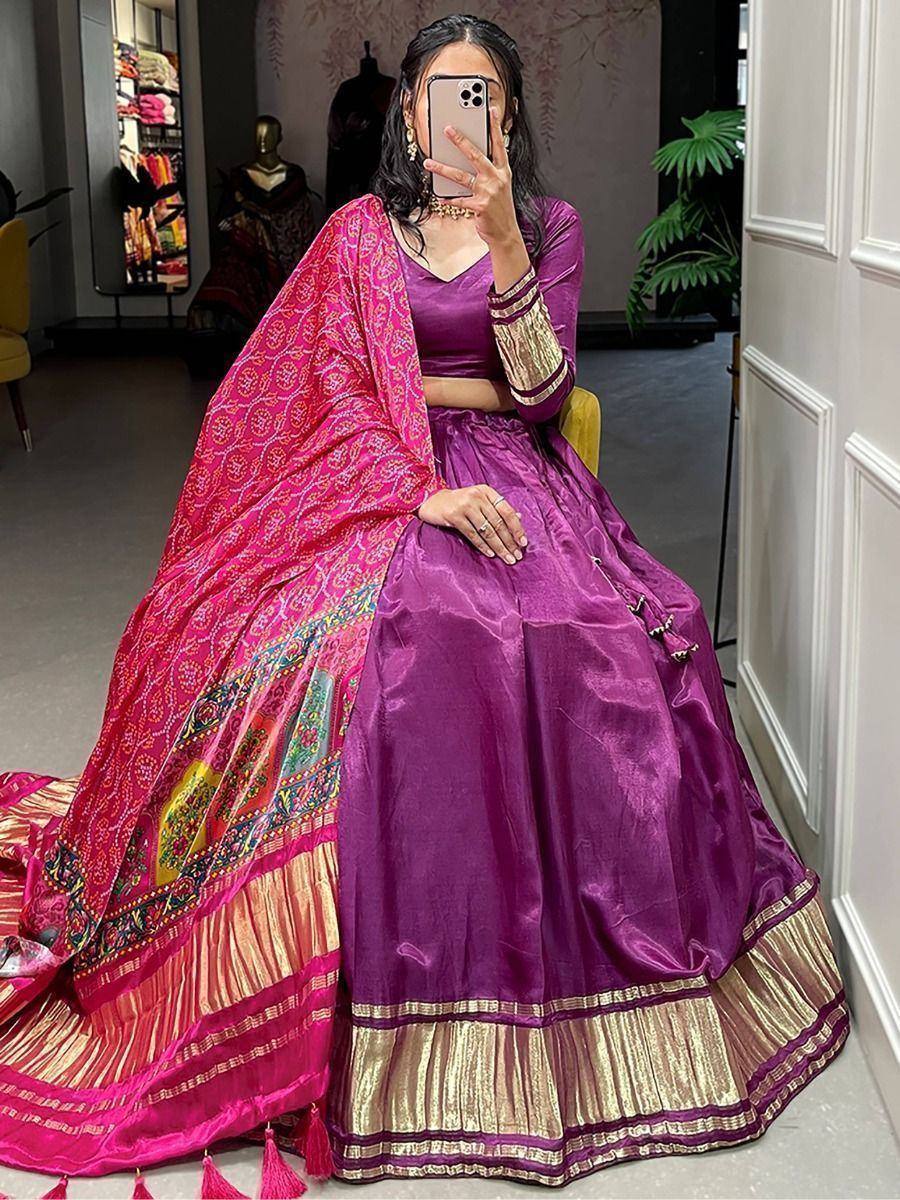Purple lehenga choli with pink dupatta, ethnic Indian wear for weddings and festivals