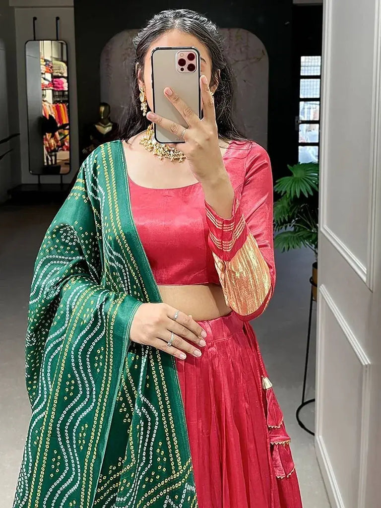 Adorable Coral Red Gaji Silk Sangeet Wear Lehenga Choli With Dupatta