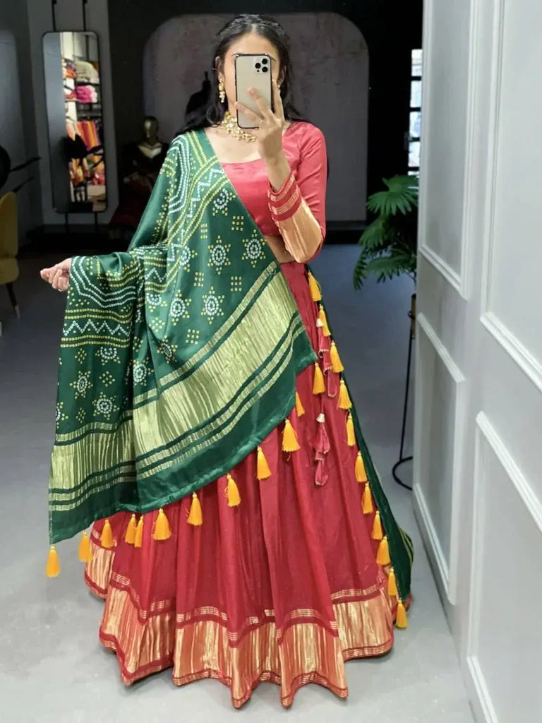 Adorable Coral Red Gaji Silk Sangeet Wear Lehenga Choli With Dupatta