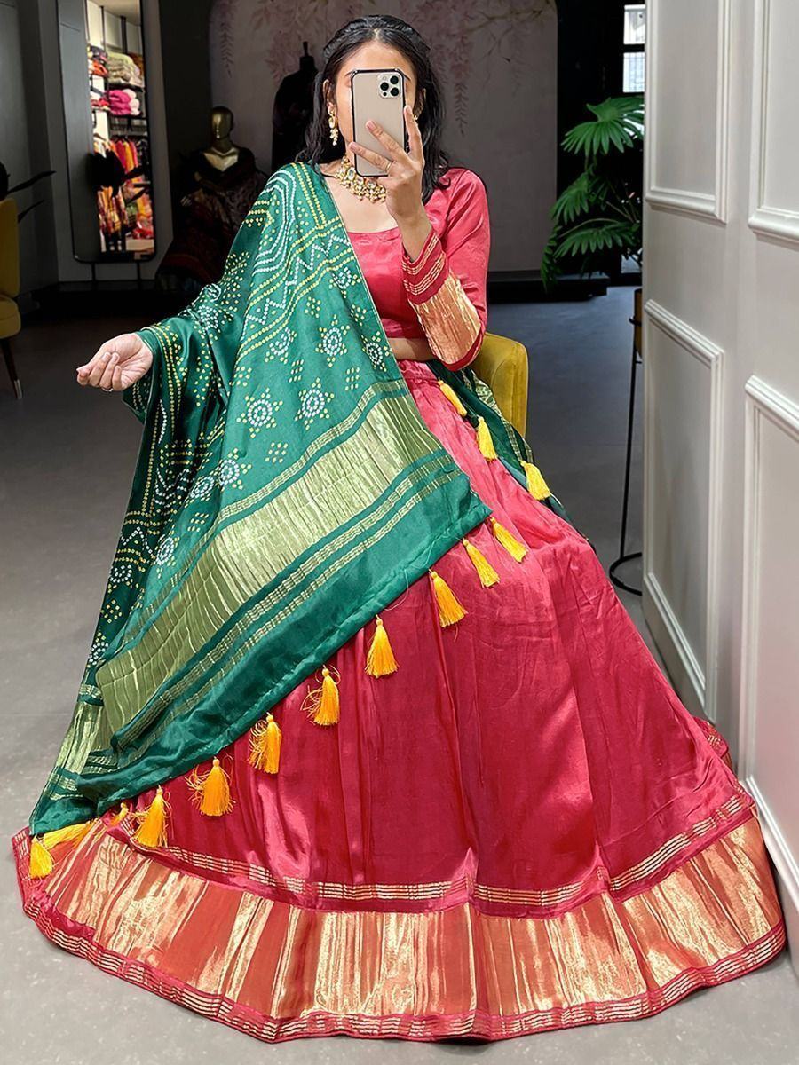 Adorable Coral Red Gaji Silk Sangeet Wear Lehenga Choli With Dupatta