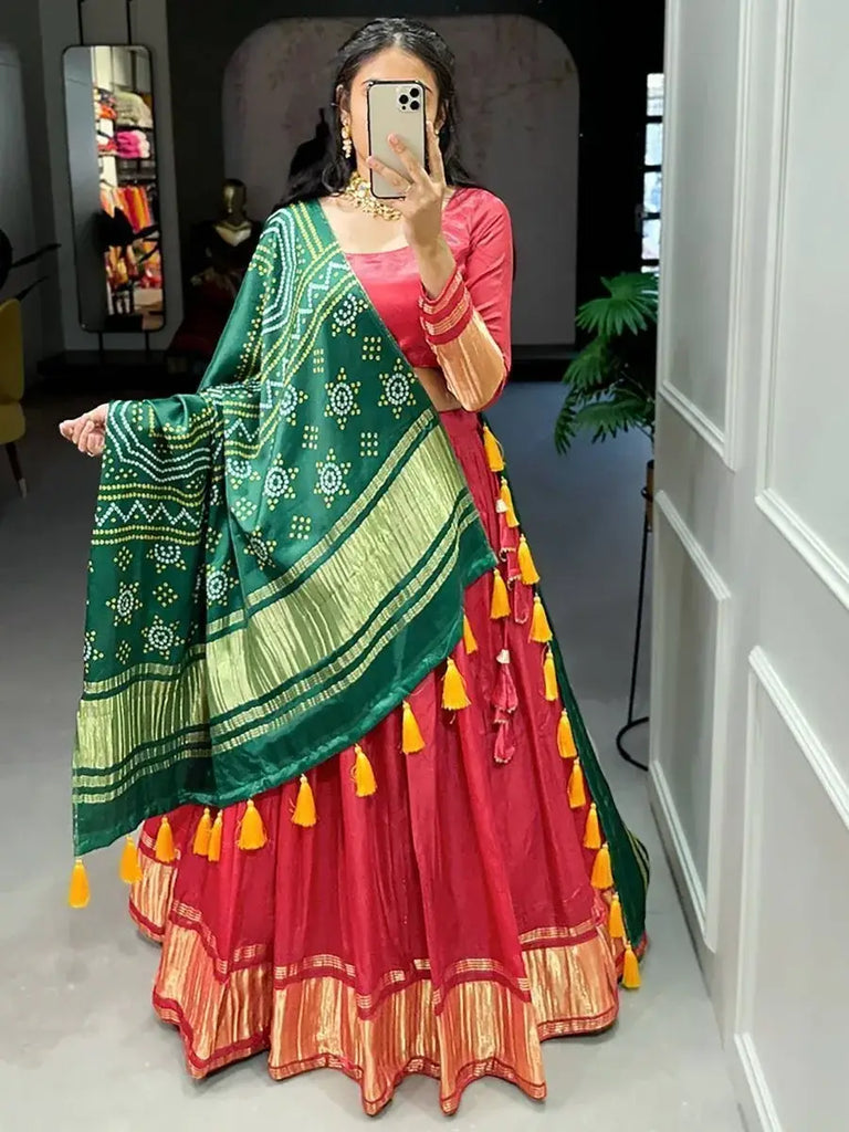 Adorable Coral Red Gaji Silk Sangeet Wear Lehenga Choli With Dupatta