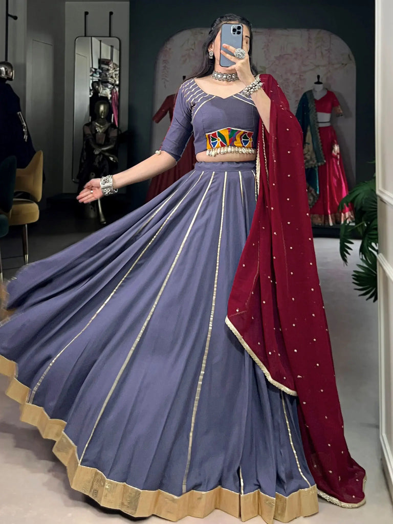 Rich Grey Rayon Mirror Work Traditional Lehenga Choli With Dupatta