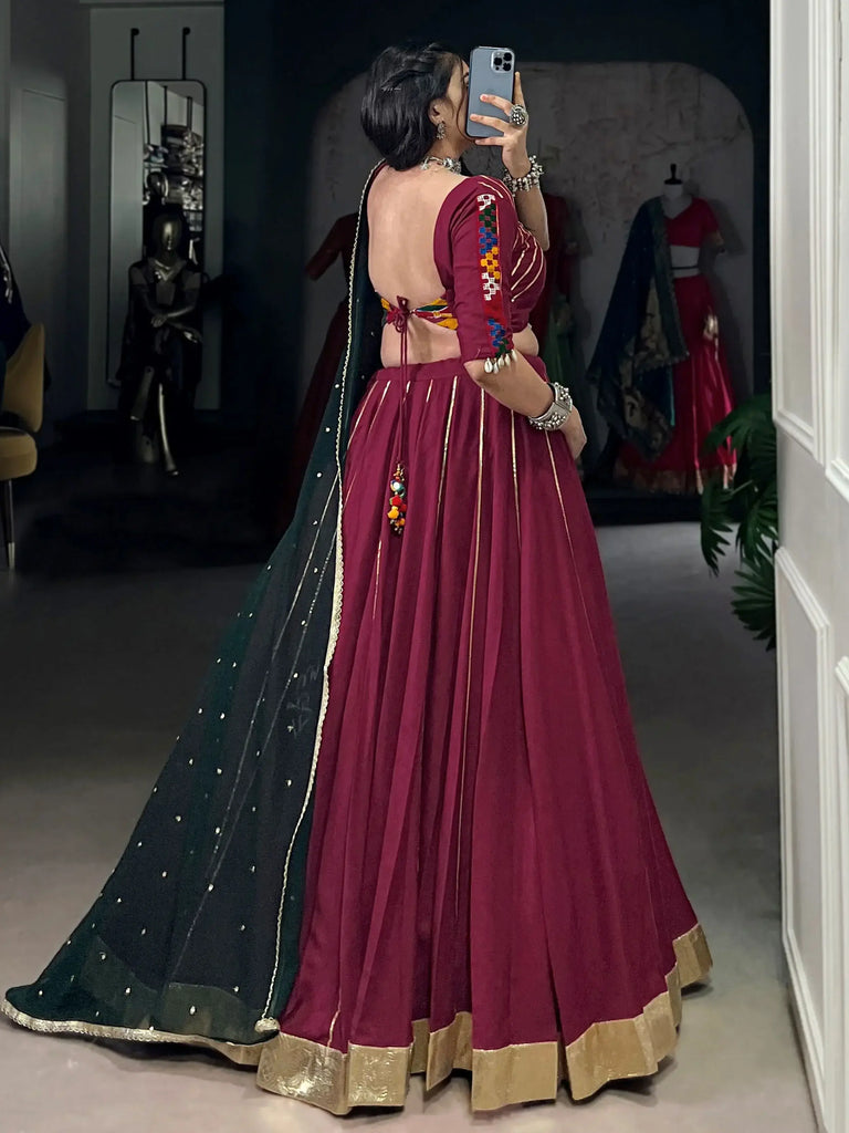 Artistic Maroon Gamthi Work Pure Rayon Lehenga Choli With Dupatta