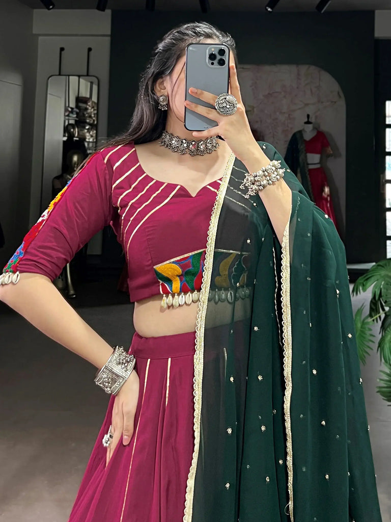 Artistic Maroon Gamthi Work Pure Rayon Lehenga Choli With Dupatta