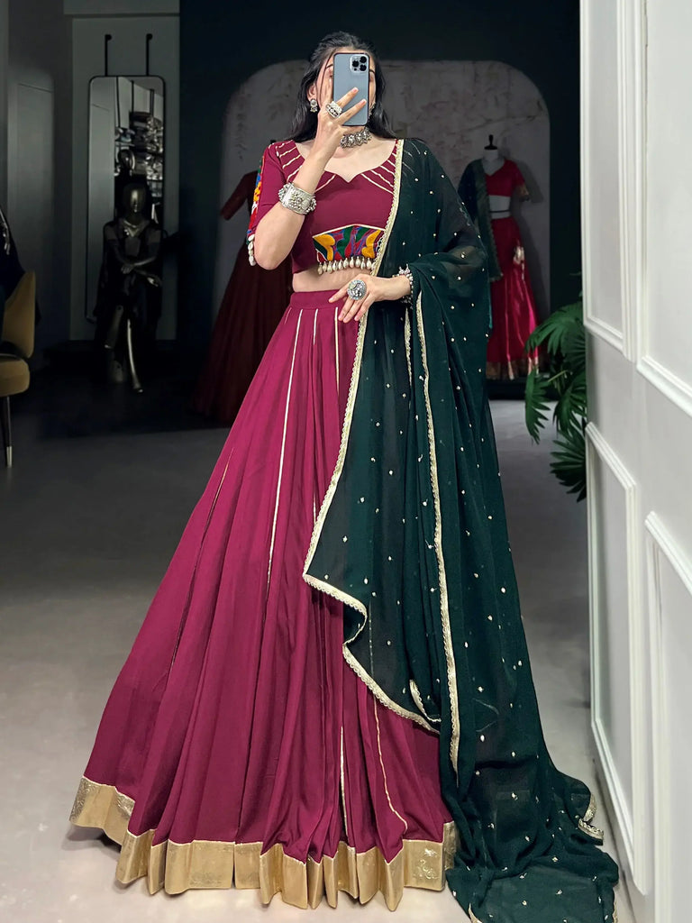 Artistic Maroon Gamthi Work Pure Rayon Lehenga Choli With Dupatta