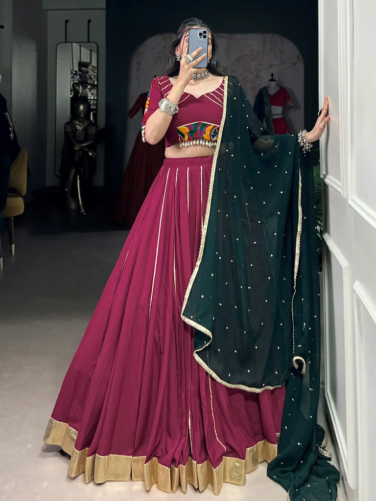 Artistic Maroon Gamthi Work Pure Rayon Lehenga Choli With Dupatta