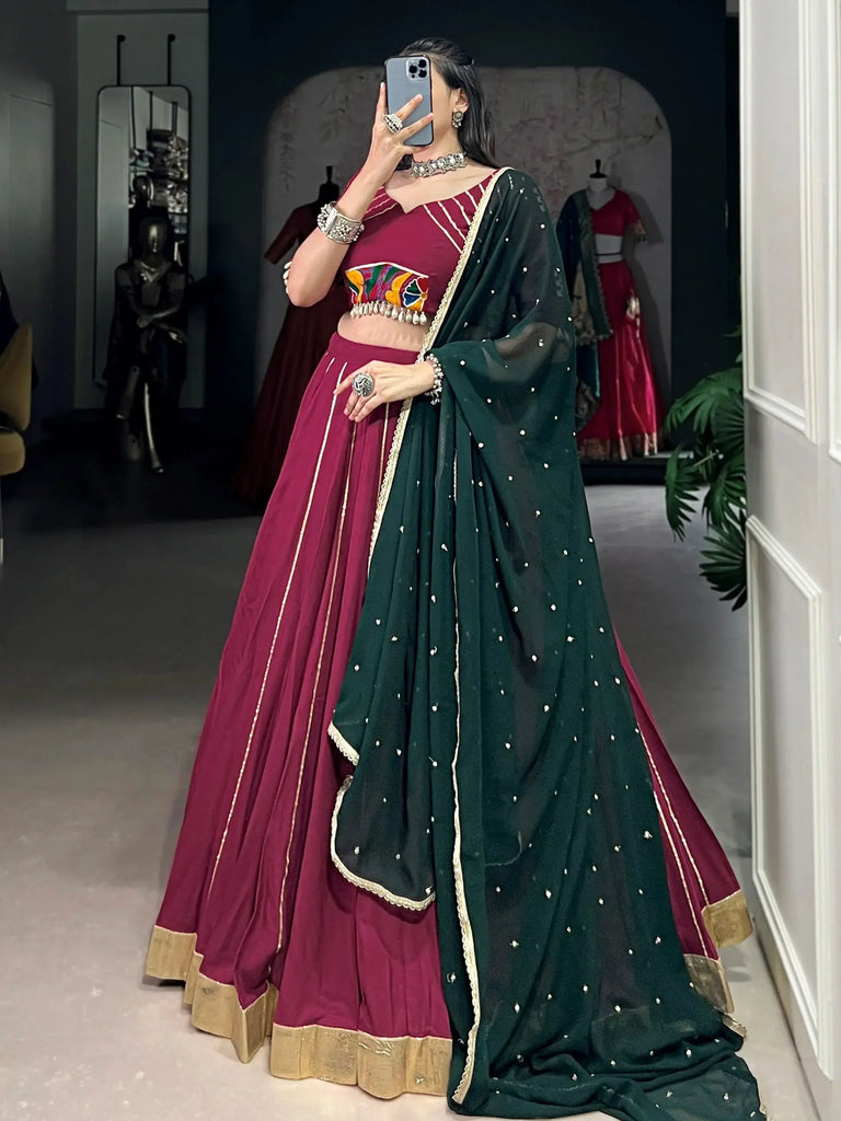 Artistic Maroon Gamthi Work Pure Rayon Lehenga Choli With Dupatta