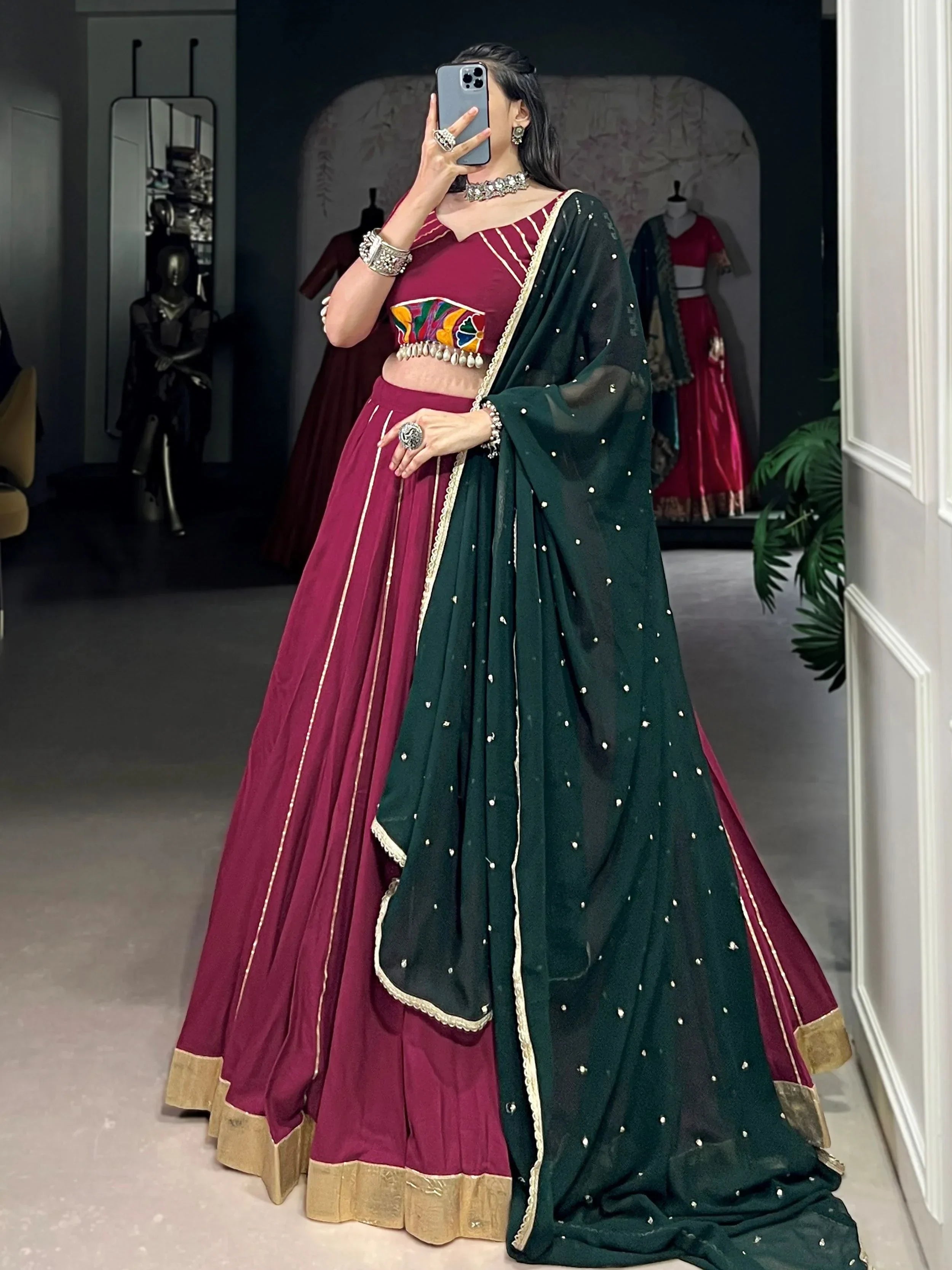 Artistic Maroon Gamthi Work Pure Rayon Lehenga Choli With Dupatta