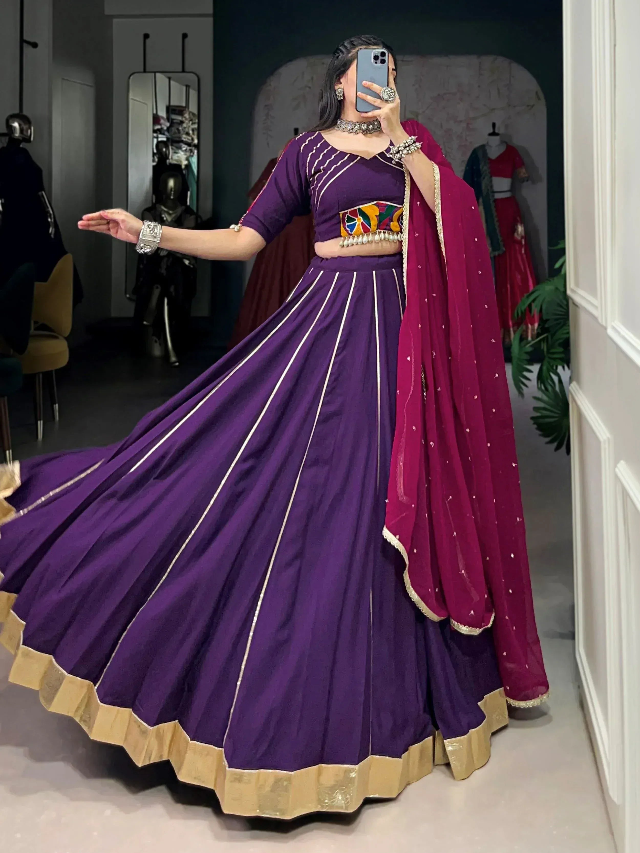 Purple lehenga choli with gold trim and maroon dupatta, Indian ethnic wear for women