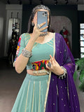 Impressive Sea Green Gota Patti Work Rayon Lehenga Choli With Dupatta