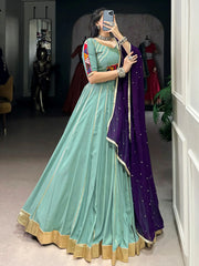 Impressive Sea Green Gota Patti Work Rayon Lehenga Choli With Dupatta