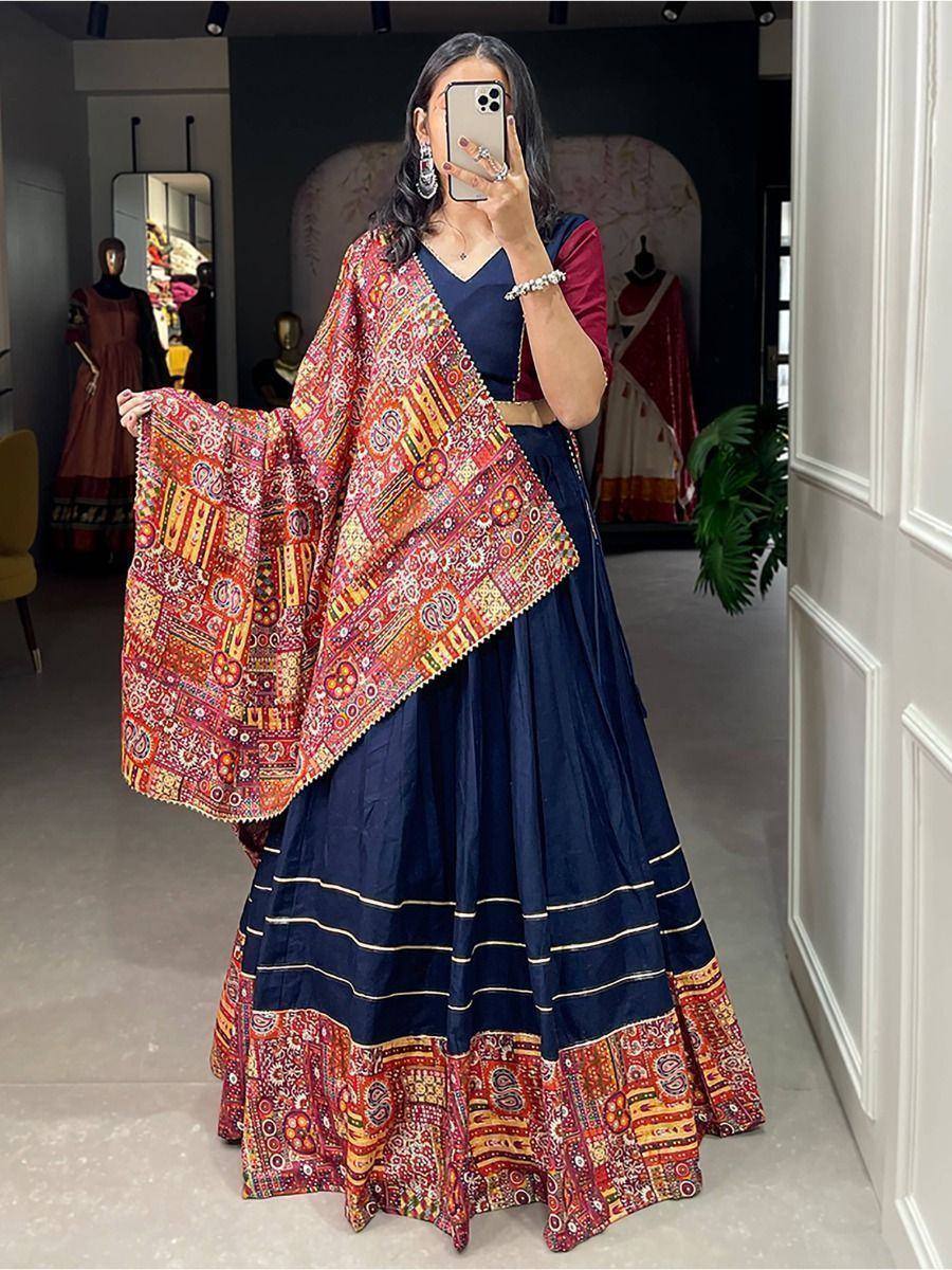 Navy blue lehenga choli with vibrant printed dupatta, ethnic Indian wear for women