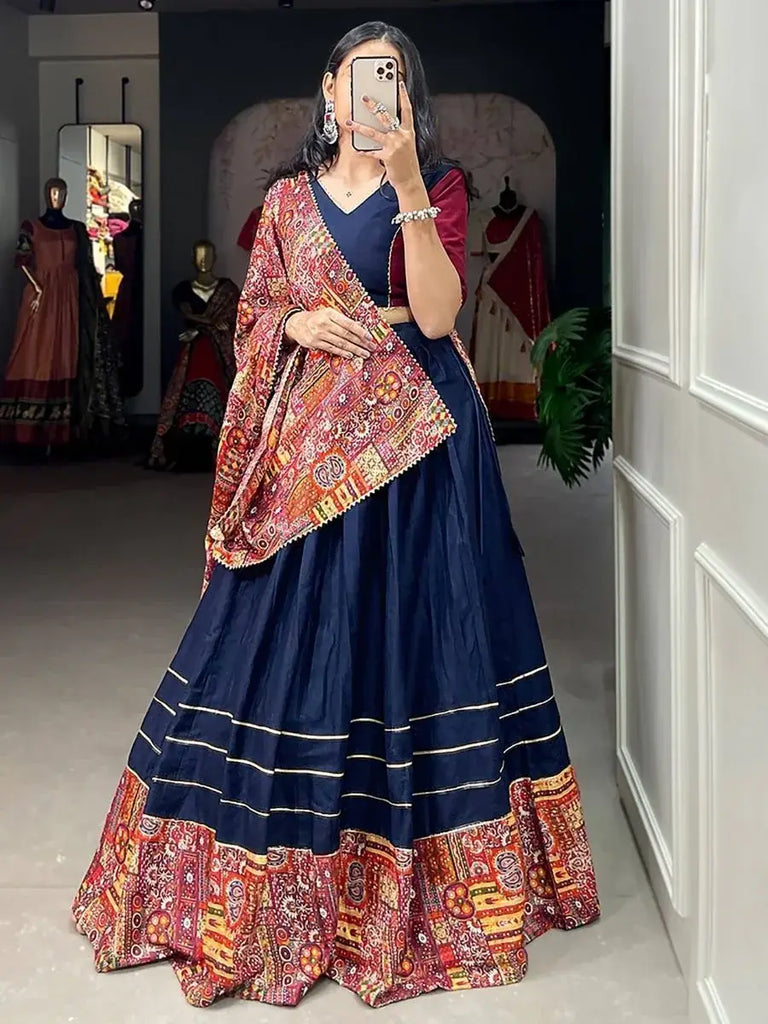 Captivating Navy Blue Digital Printed Cotton Navratri Lehenga Choli