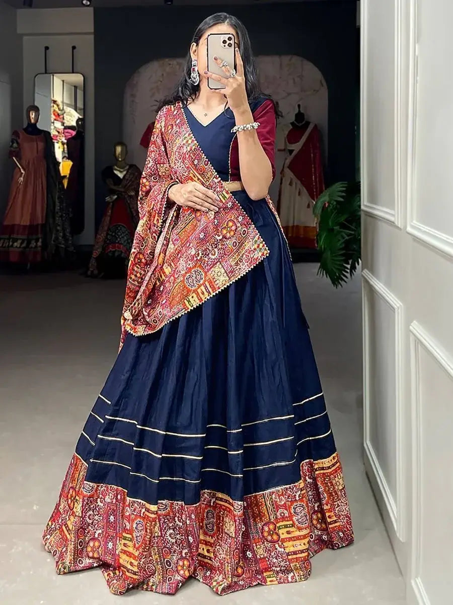 Captivating Navy Blue Digital Printed Cotton Navratri Lehenga Choli