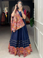 Captivating Navy Blue Digital Printed Cotton Navratri Lehenga Choli